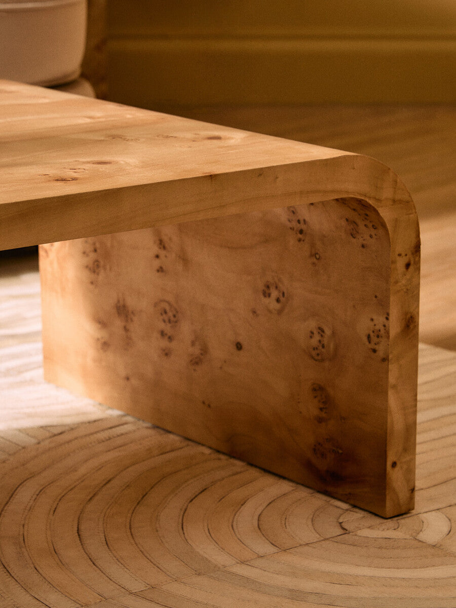 Natural Burl Wood Curved Coffee Table with Smooth Curved Edges | Mota