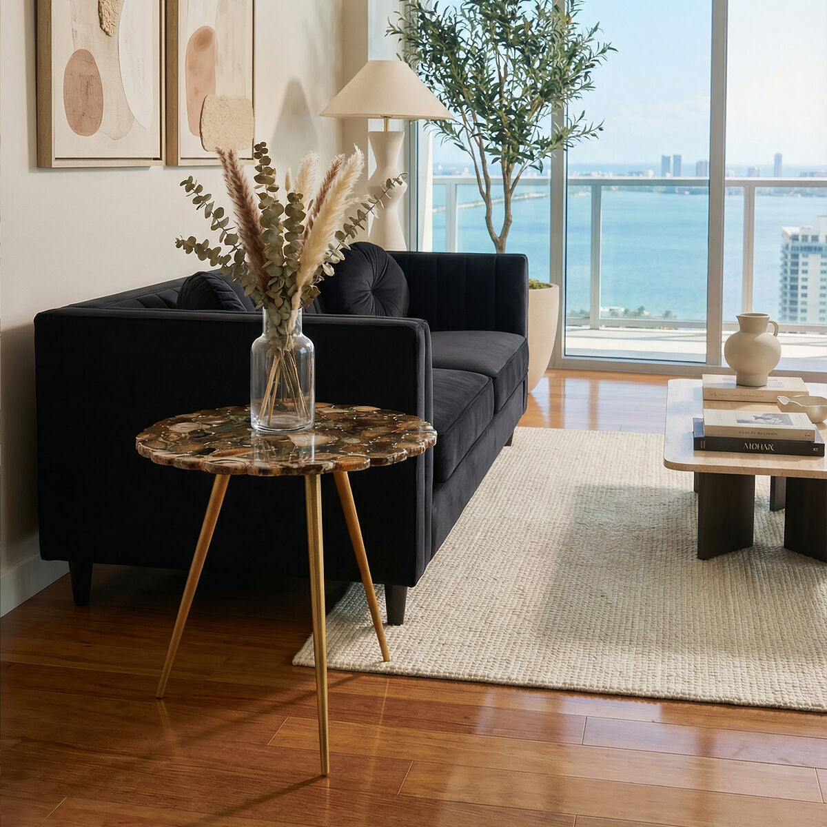 Natural Agate Stone Top Low Side Table with Gold Brass Tone Iron Legs | Relic