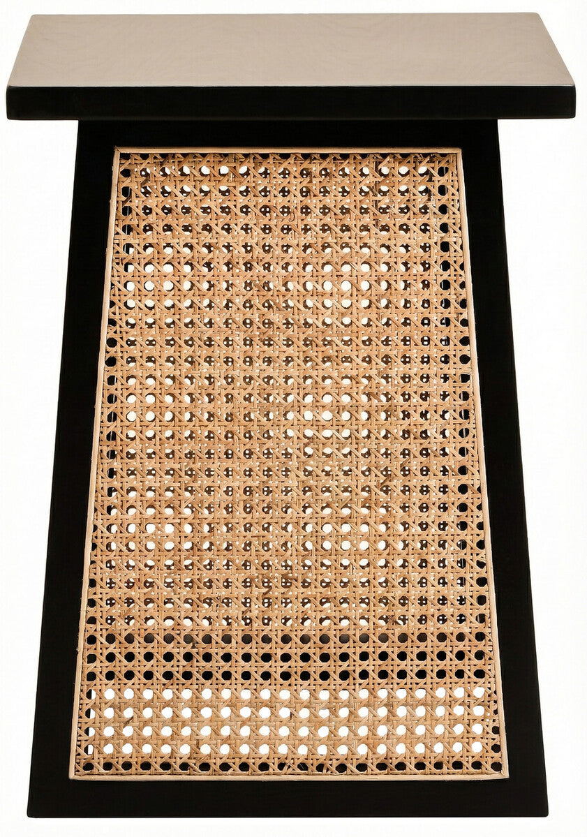 Black Elm Wood Side Table with Woven Natural Cane Panels Cebu