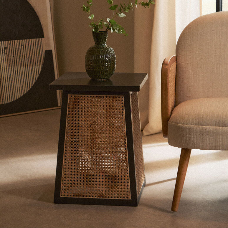 Black Elm Wood Side Table with Woven Natural Cane Panels Cebu