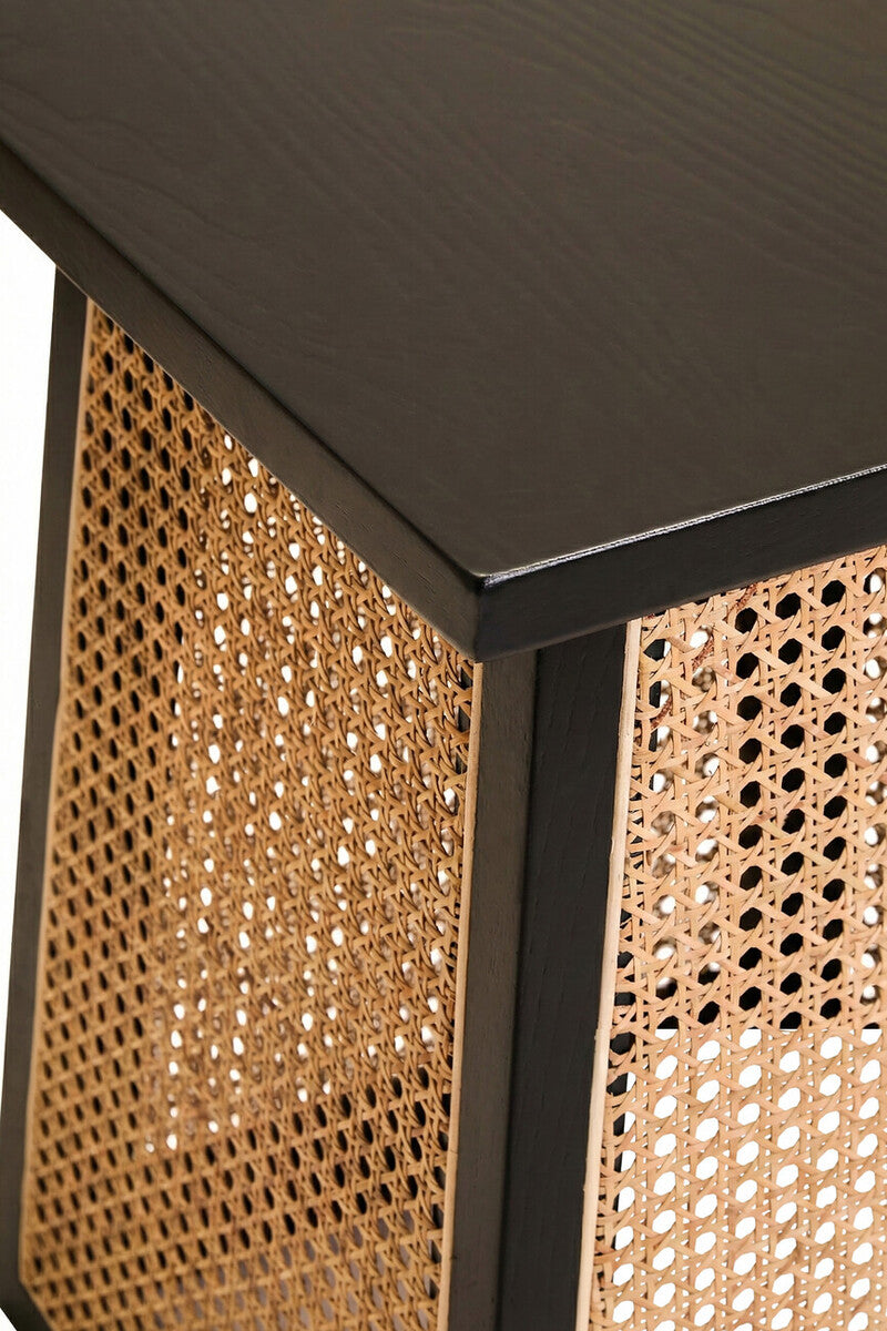 Black Elm Wood Side Table with Woven Natural Cane Panels Cebu