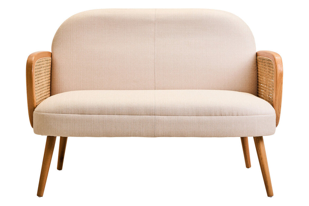 2 Seater Ivory Fabric, Cane Sofa with Elm Wood Legs Cebu