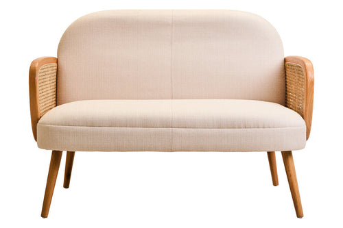 2 Seater Ivory Fabric, Cane Sofa with Elm Wood Legs Cebu