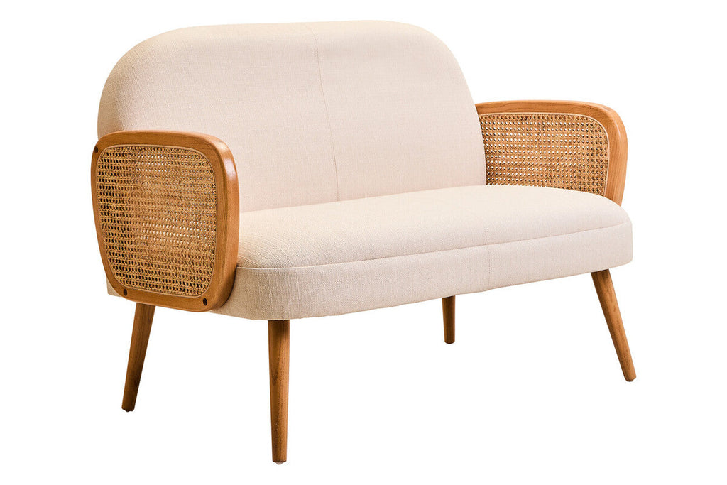2 Seater Ivory Fabric, Cane Sofa with Elm Wood Legs Cebu