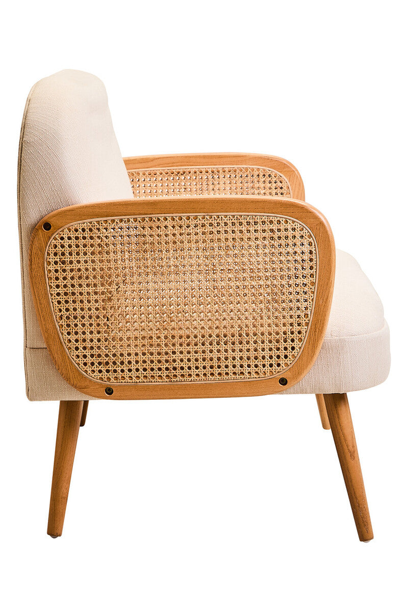 2 Seater Ivory Fabric, Cane Sofa with Elm Wood Legs Cebu