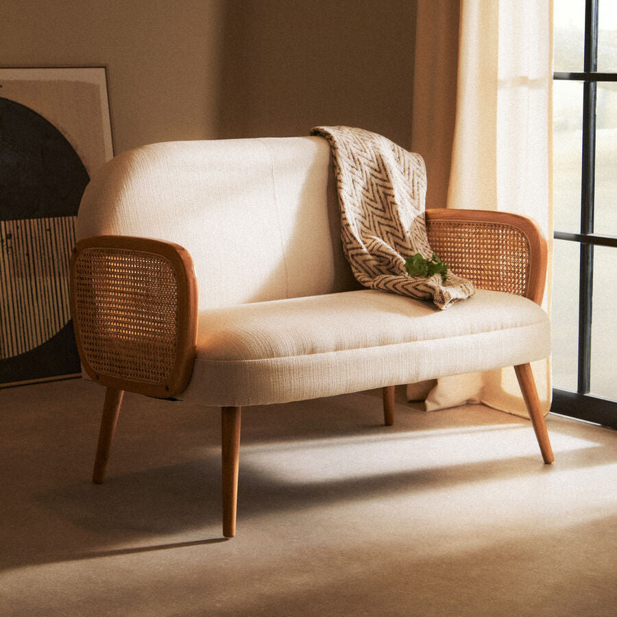 2 Seater Ivory Fabric, Cane Sofa with Elm Wood Legs Cebu