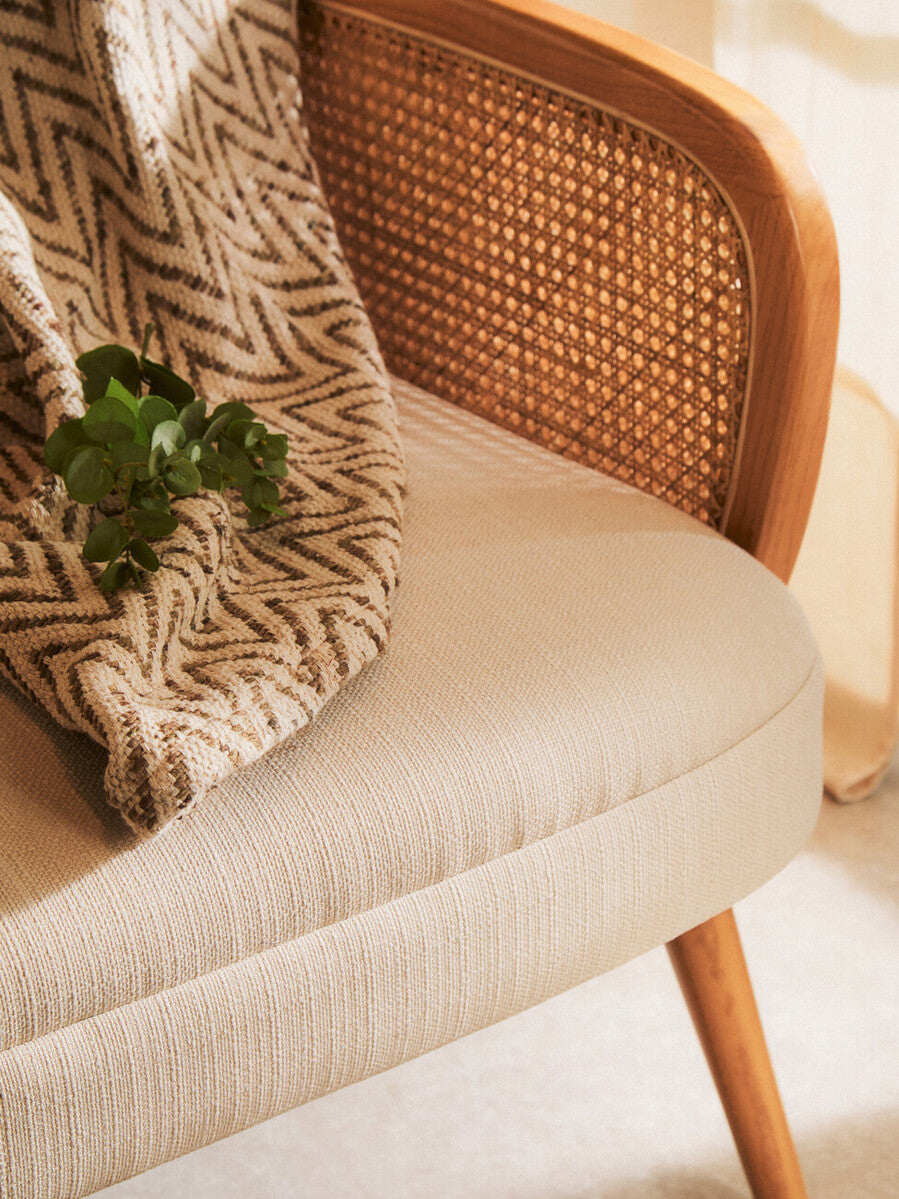 2 Seater Ivory Fabric, Cane Sofa with Elm Wood Legs Cebu
