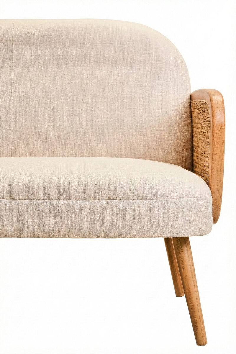 2 Seater Ivory Fabric, Cane Sofa with Elm Wood Legs Cebu
