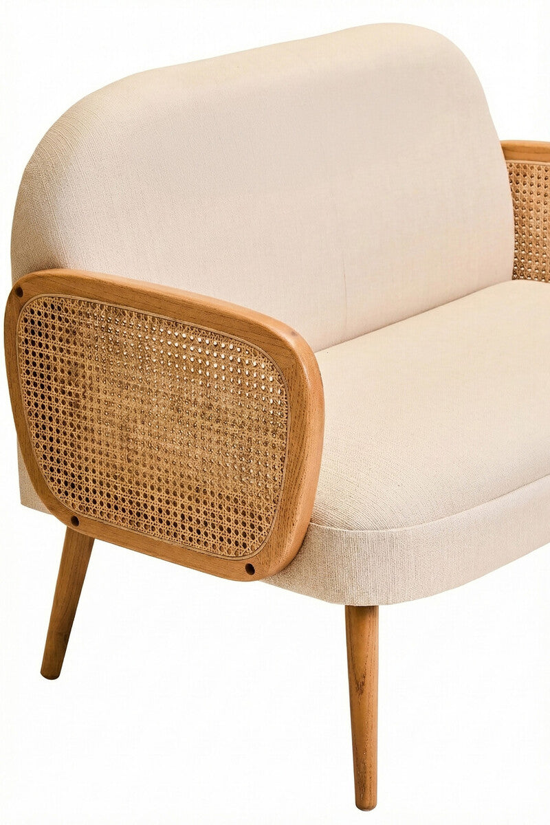 2 Seater Ivory Fabric, Cane Sofa with Elm Wood Legs Cebu