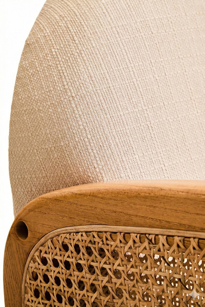 2 Seater Ivory Fabric, Cane Sofa with Elm Wood Legs Cebu
