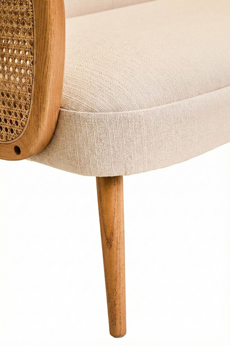 2 Seater Ivory Fabric, Cane Sofa with Elm Wood Legs Cebu