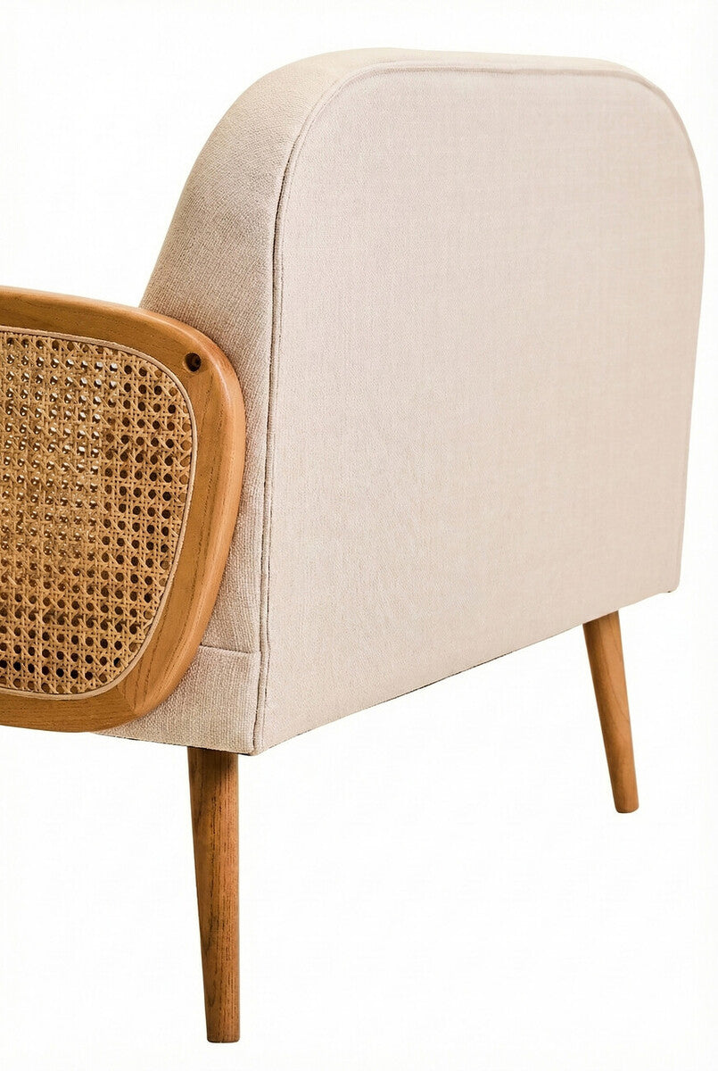 2 Seater Ivory Fabric, Cane Sofa with Elm Wood Legs Cebu