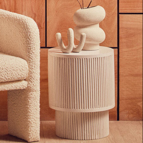 Whitewashed Mango Wood Ridge Detail Side Table with Column Base | Walsa