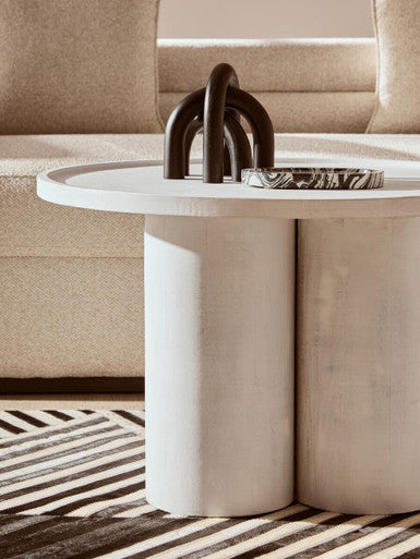 Whitewash Mango Wood Coffee Table with Column Base and Rounded Top | Walsa
