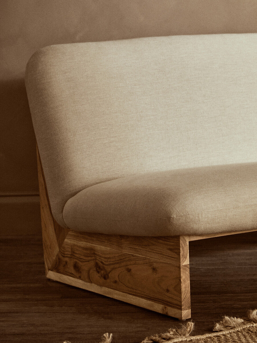 2 Seater Armless Cream Textured Linen Sofa with Wood Base | Parova