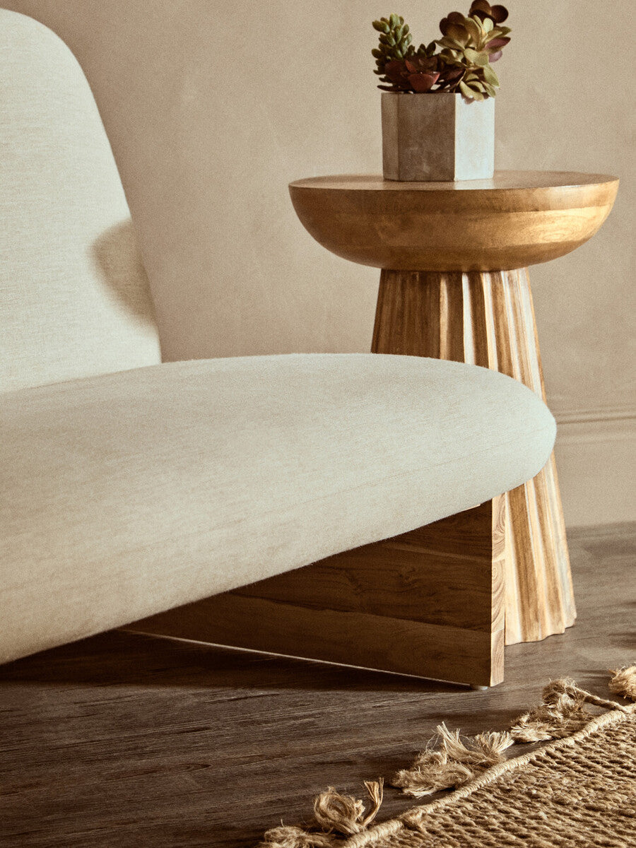 2 Seater Armless Cream Textured Linen Sofa with Wood Base | Parova