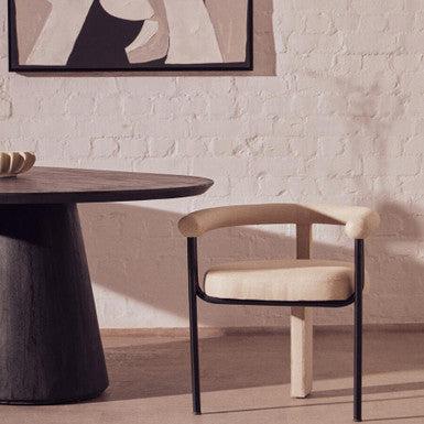 Cream Textured Linen Dining Chair with Black Metal Frame | Perdoba