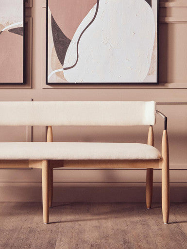 Persolo Cream Textured Fabric Bench with Wood Frame