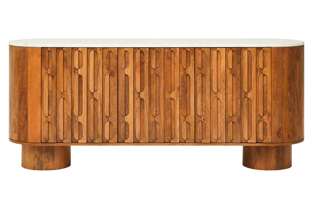 Mango Wood Carved Design Marble Top Three Door Sideboard | Torcino