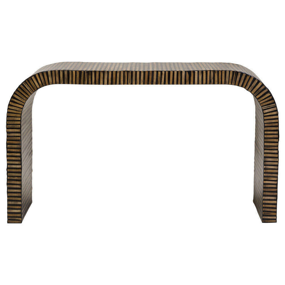 Natural Bamboo Inlay Curved Console Table with Sculptural Striped Design | Bambusa
