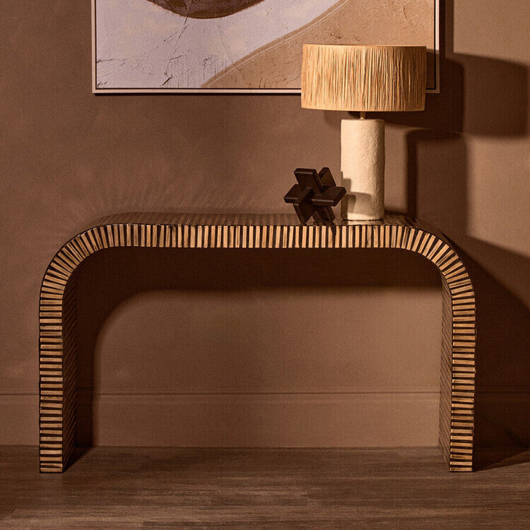 Natural Bamboo Inlay Curved Console Table with Sculptural Striped Design | Bambusa