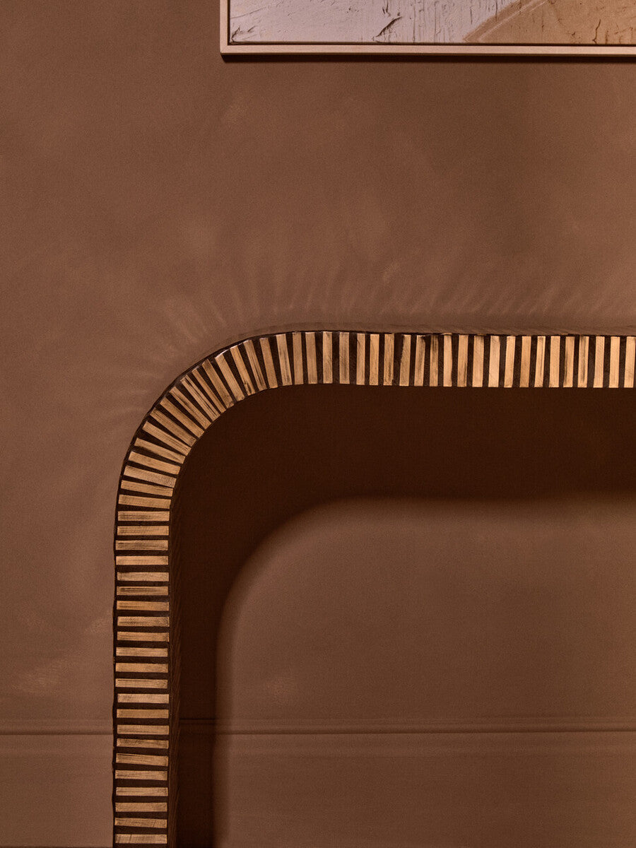 Natural Bamboo Inlay Curved Console Table with Sculptural Striped Design | Bambusa