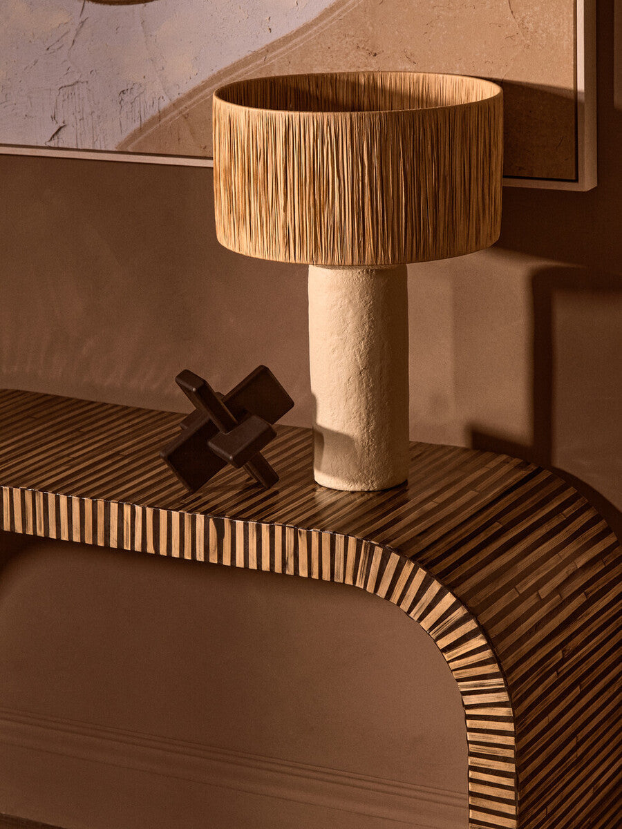 Natural Bamboo Inlay Curved Console Table with Sculptural Striped Design | Bambusa