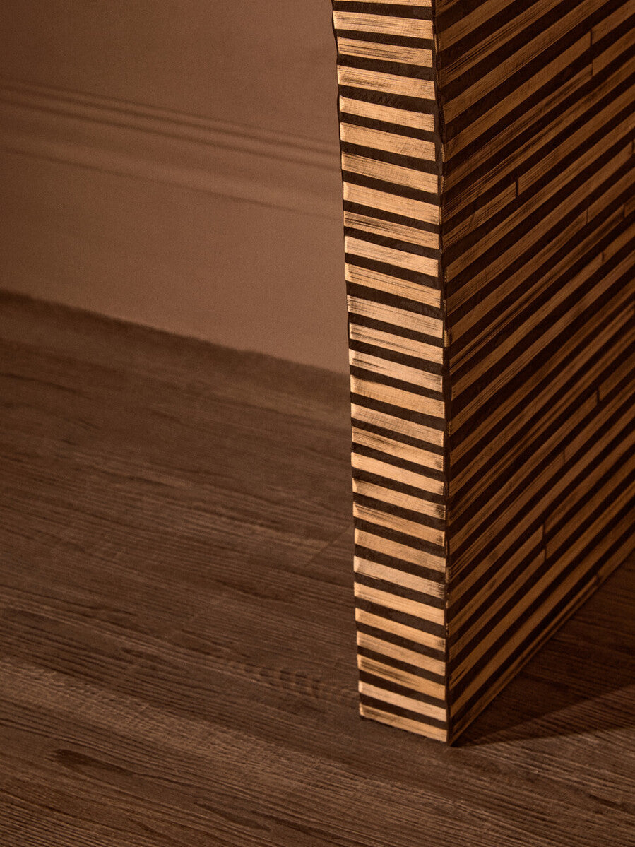 Natural Bamboo Inlay Curved Console Table with Sculptural Striped Design | Bambusa