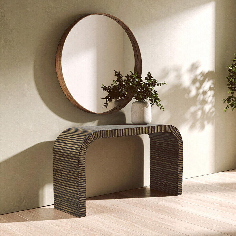 Natural Bamboo Inlay Curved Console Table with Sculptural Striped Design | Bambusa