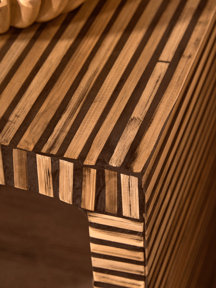 Natural Bamboo Inlay Square Side Table with Linear Pattern and Open Base | Bambusa