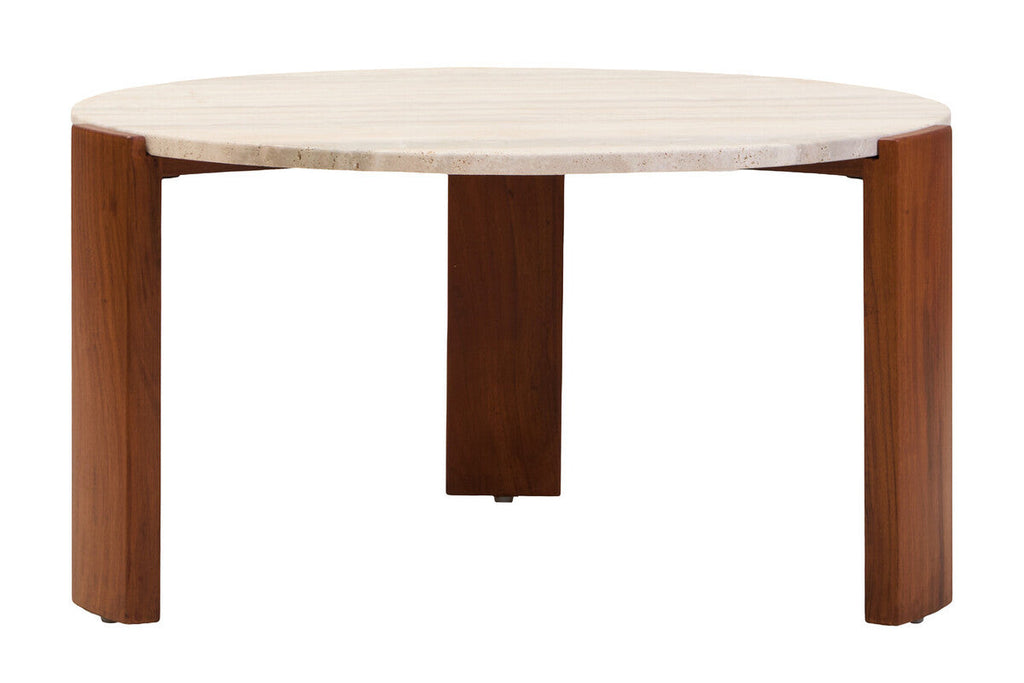 Natural Large Round Travertine Top Coffee Table with Brown Acacia Wood Legs | Palermo