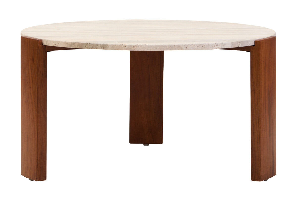Natural Large Round Travertine Top Coffee Table with Brown Acacia Wood Legs | Palermo