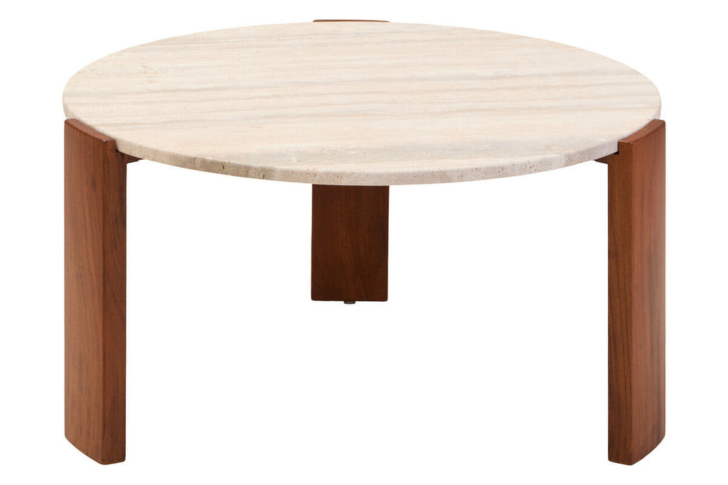 Natural Large Round Travertine Top Coffee Table with Brown Acacia Wood Legs | Palermo