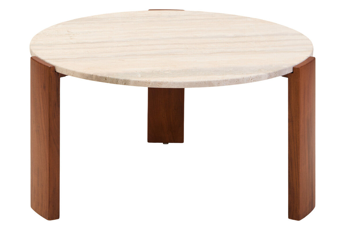 Natural Large Round Travertine Top Coffee Table with Brown Acacia Wood Legs | Palermo