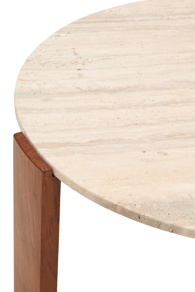 Natural Large Round Travertine Top Coffee Table with Brown Acacia Wood Legs | Palermo