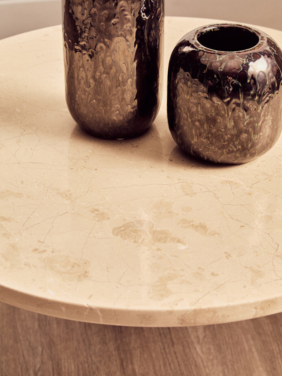 Cream Round Marble Top Large Coffee Table with Small Acacia Legs | Palermo