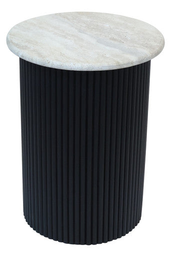 Cream Polished Travertine Top Side Table with Ridged Black Acacia Wood Cylindrical Base | Walton