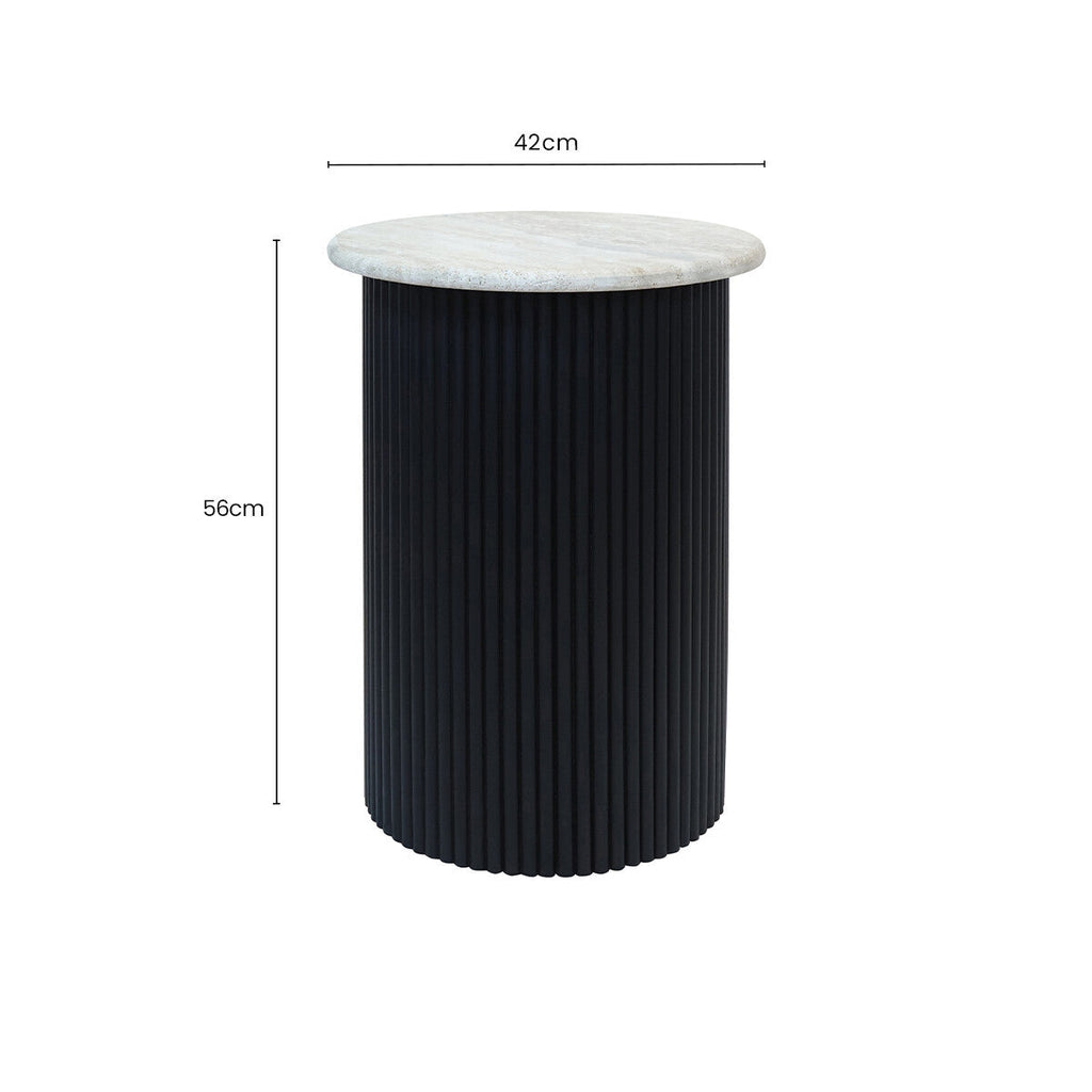 Cream Polished Travertine Top Side Table with Ridged Black Acacia Wood Cylindrical Base | Walton