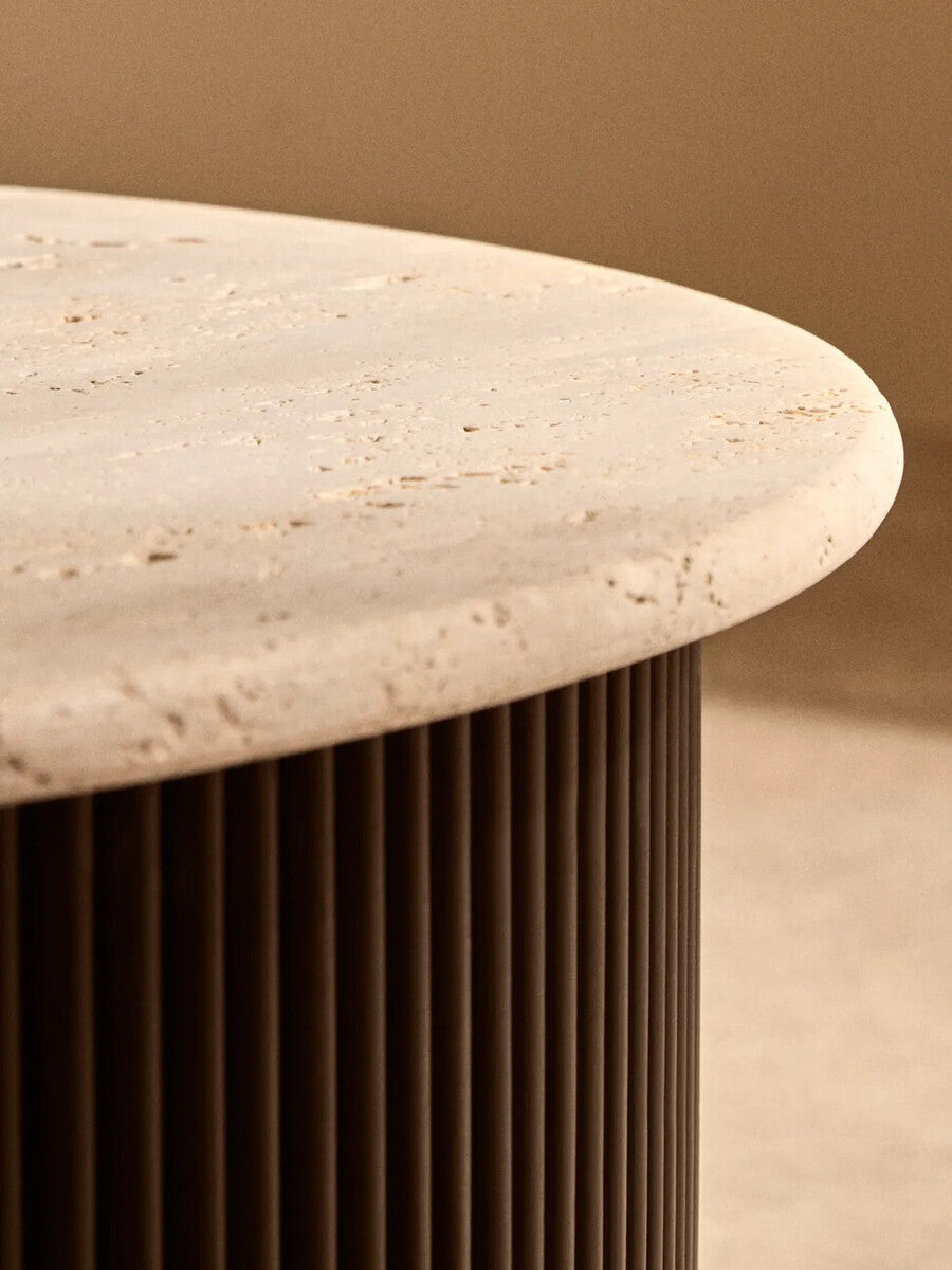 Cream Polished Travertine Top Coffee Table with Ridged Black Acacia Wood Drum Base | Walton