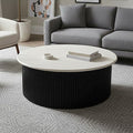 Cream Polished Travertine Top Coffee Table with Ridged Black Acacia Wood Drum Base | Walton