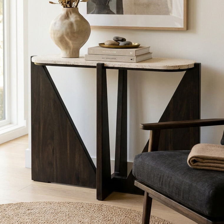 Cream Travertine Top Console Table with Black Acacia Wood Frame | Winton