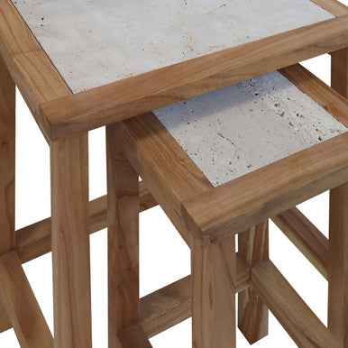 Set of 2 Cream Travertine Top Small Nesting Console Tables with Natural Acacia Wood Frames | Womad