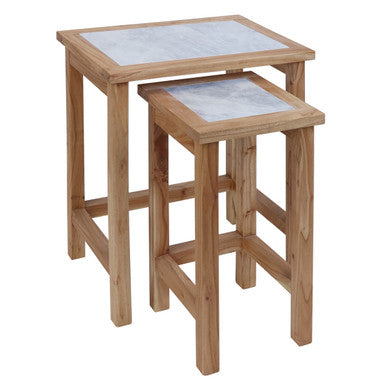 Set of 2 Small White Marble Top Nesting Side Tables with Natural Wood Frames | Womad