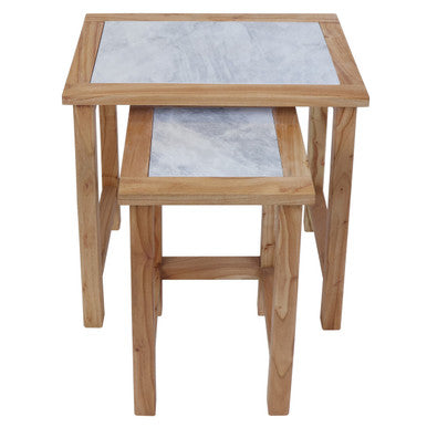 Set of 2 Small White Marble Top Nesting Side Tables with Natural Wood Frames | Womad