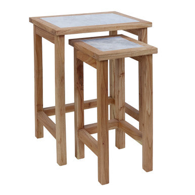 Set of 2 Small White Marble Top Nesting Side Tables with Natural Wood Frames | Womad