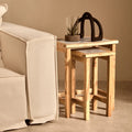 Set of 2 Small White Marble Top Nesting Side Tables with Natural Wood Frames | Womad