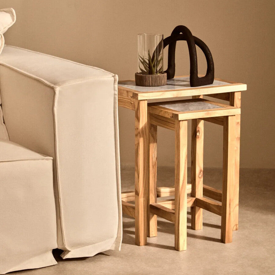 Set of 2 Small White Marble Top Nesting Side Tables with Natural Wood Frames | Womad