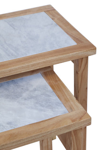 Set of 2 Small White Marble Top Nesting Side Tables with Natural Wood Frames | Womad