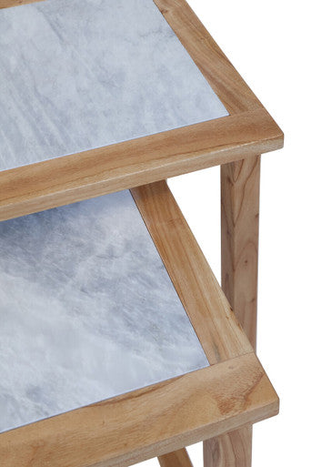 Set of 2 Small White Marble Top Nesting Side Tables with Natural Wood Frames | Womad