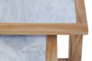 Set of 2 Small White Marble Top Nesting Side Tables with Natural Wood Frames | Womad